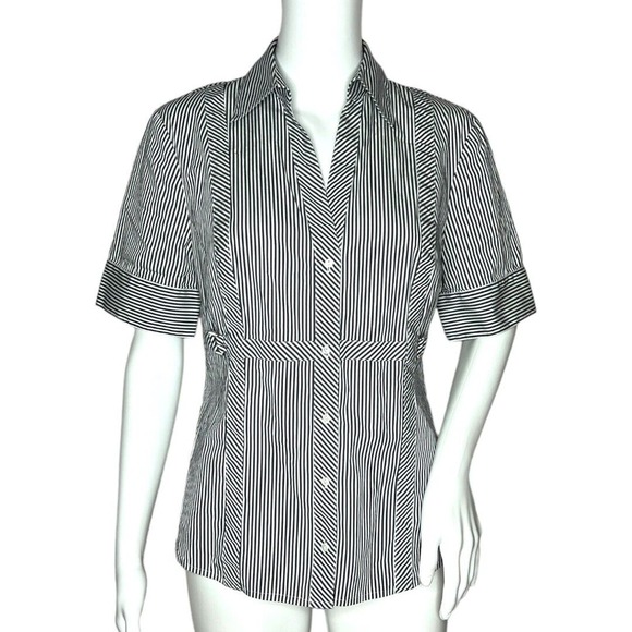 Anne Klein Shirt Womens 6 Black White Striped Button Up Blouse Casual Workwear‎ - Picture 1 of 9